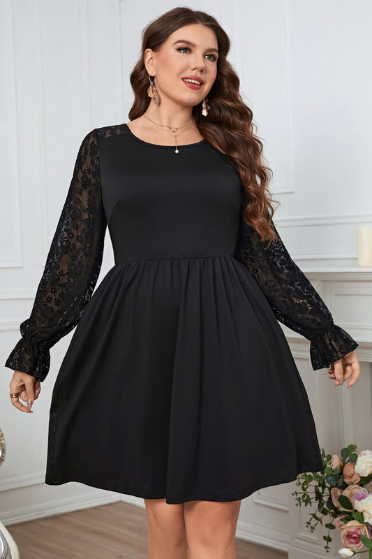 Melo Apparel Plus Size Lace Trim Round Neck Flounce Sleeve Dress - nailedmoms