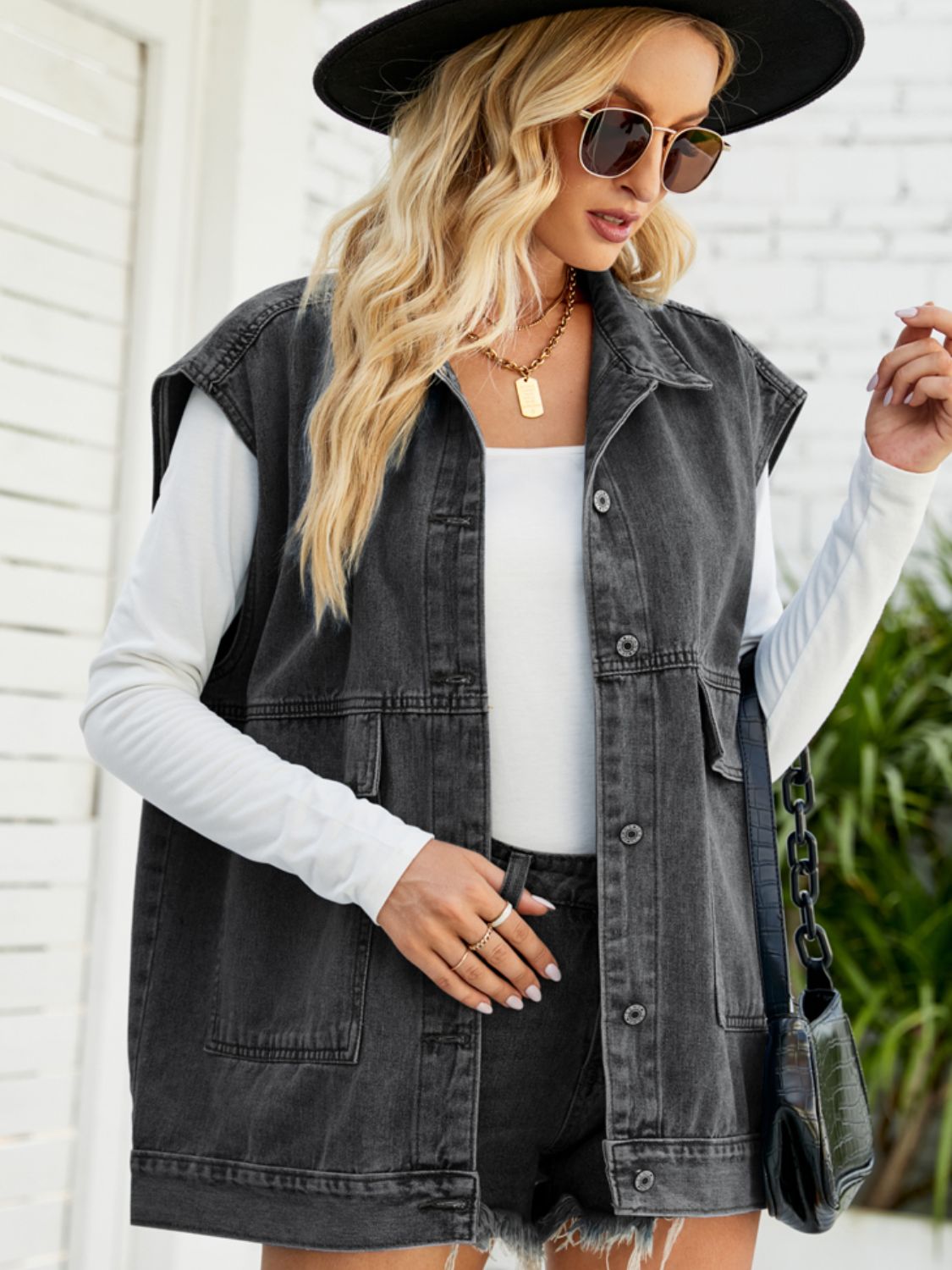 Collared Neck Sleeveless Denim Top with Pockets - nailedmoms