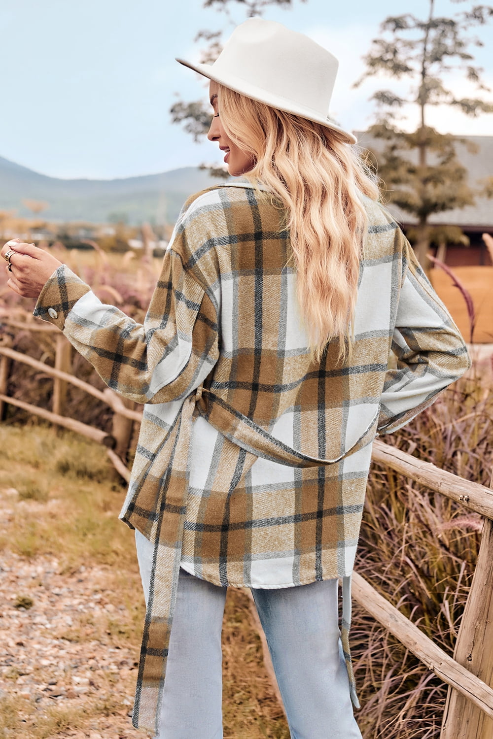Plaid Collared Neck Bow Front Long Sleeve Jacket - nailedmoms