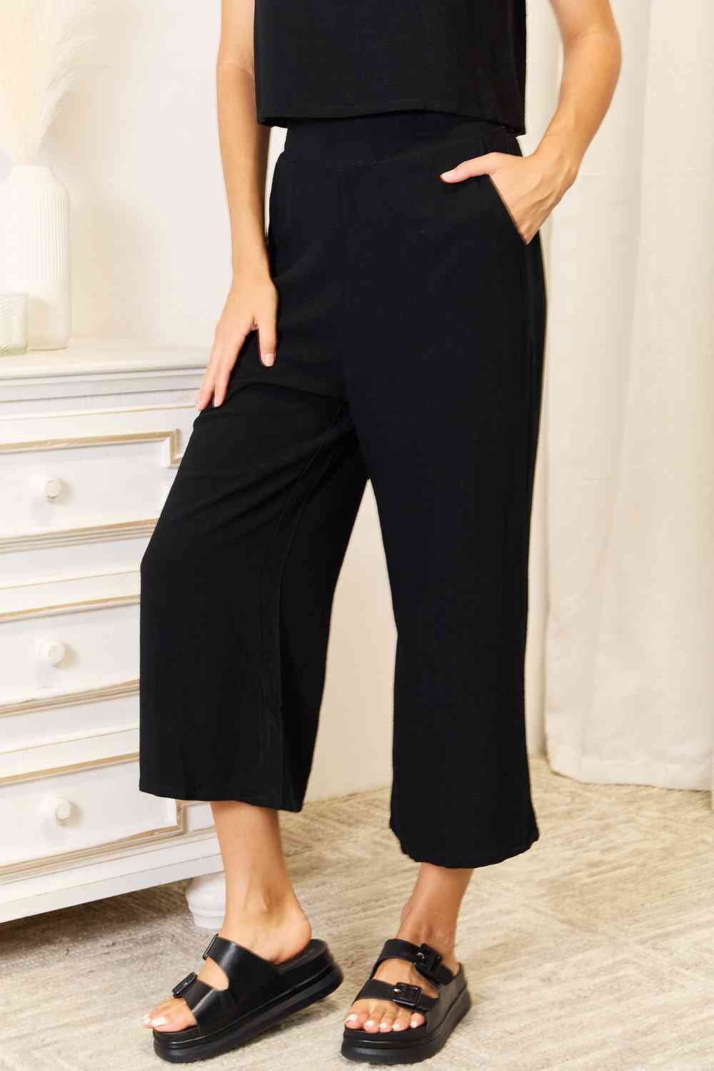 Double Take Buttoned Round Neck Tank and Wide Leg Pants Set - nailedmoms