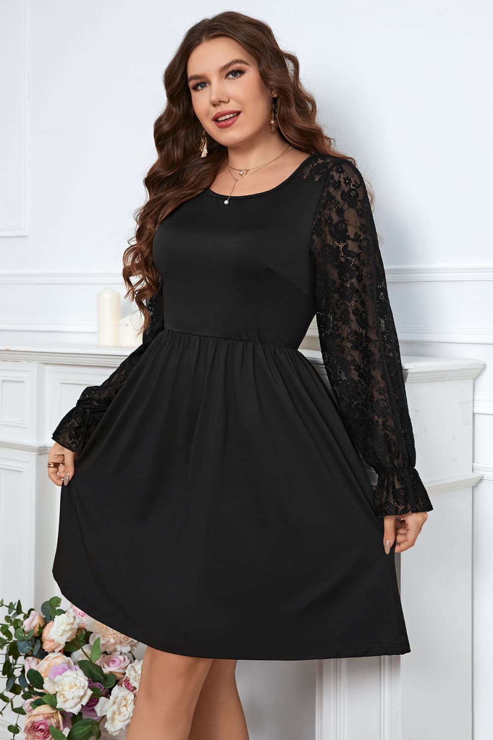 Melo Apparel Plus Size Lace Trim Round Neck Flounce Sleeve Dress - nailedmoms