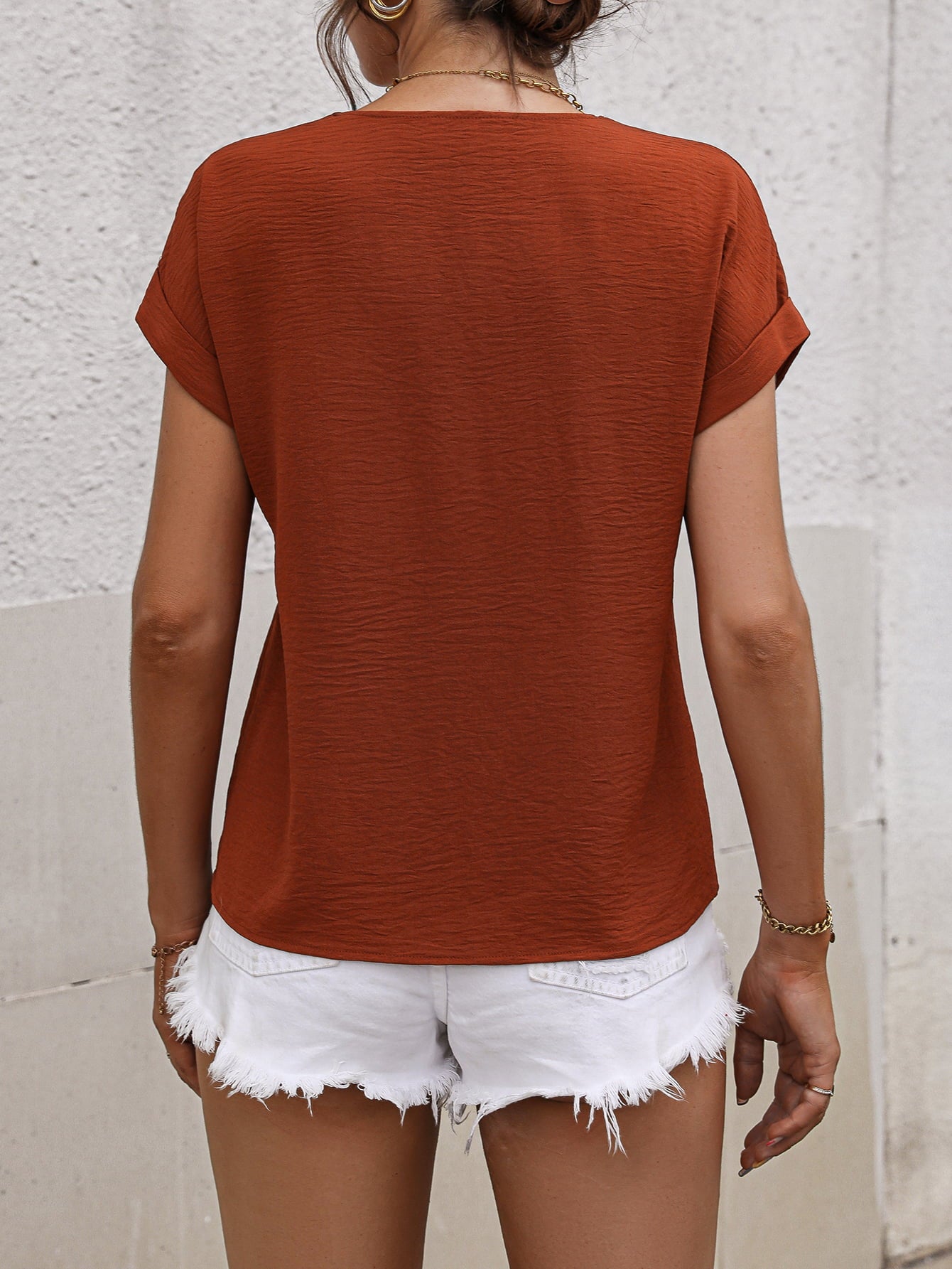Buttoned V-Neck Short Sleeve Blouse - nailedmoms