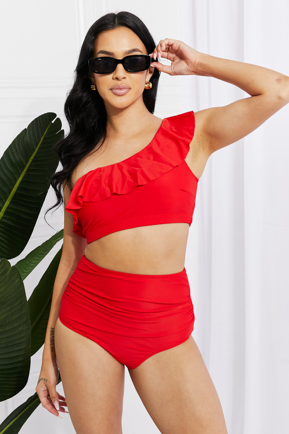 Marina West Swim Seaside Romance Ruffle One-Shoulder Bikini in Red - nailedmoms