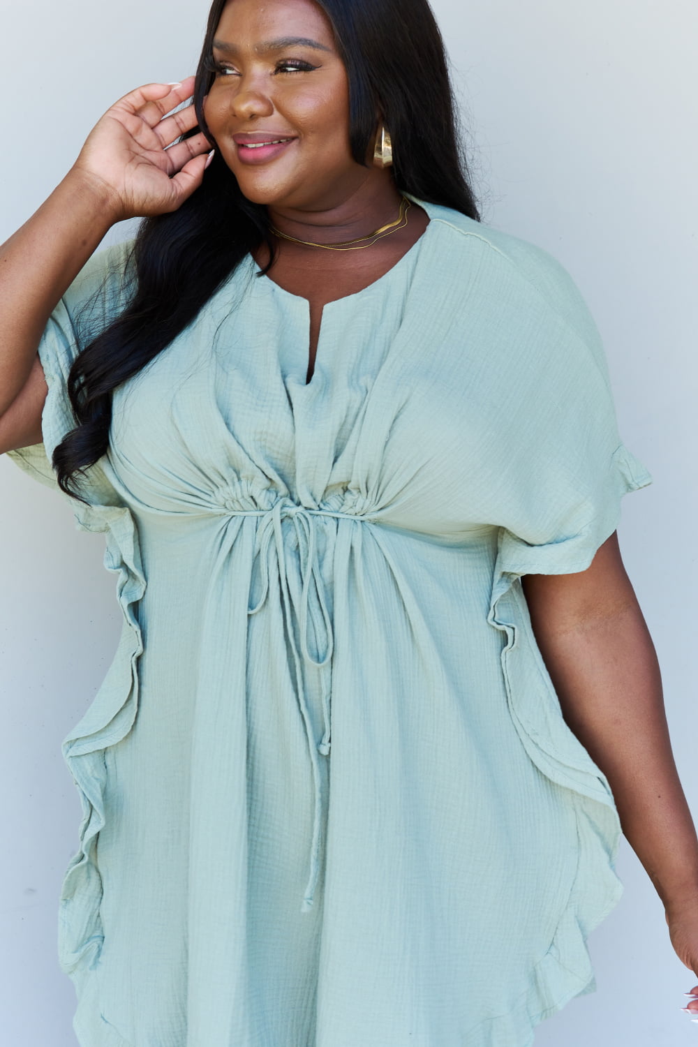 Ninexis Out Of Time Full Size Ruffle Hem Dress with Drawstring Waistband in Light Sage - nailedmoms