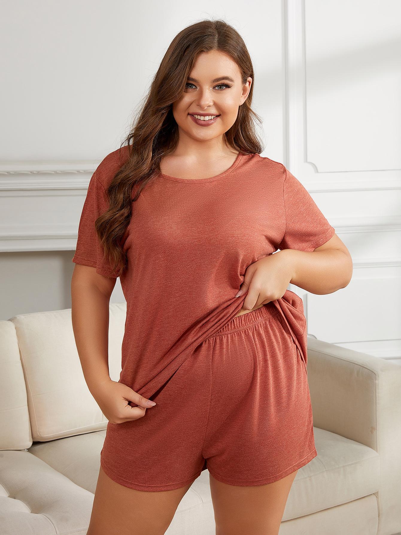 Plus Size Round Neck Short Sleeve Two-Piece Loungewear Set - nailedmoms