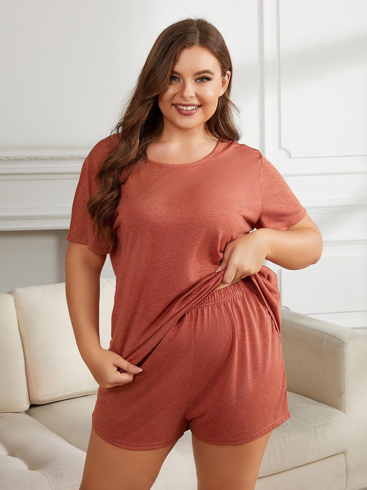 Plus Size Round Neck Short Sleeve Two-Piece Loungewear Set - nailedmoms