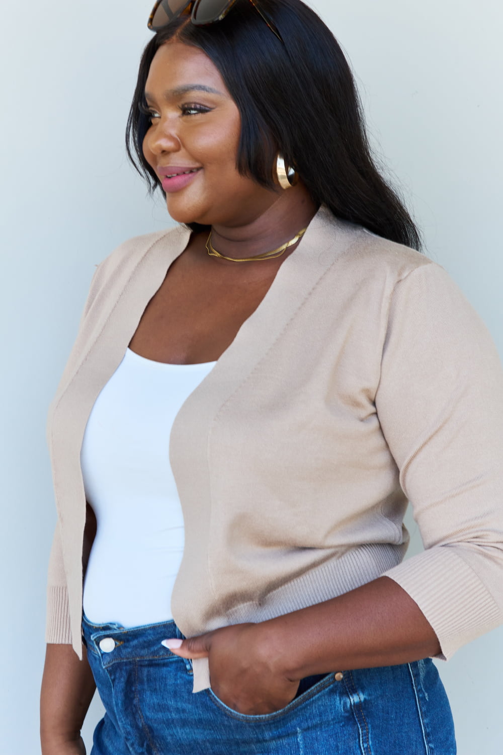 Doublju My Favorite Full Size 3/4 Sleeve Cropped Cardigan in Khaki - nailedmoms