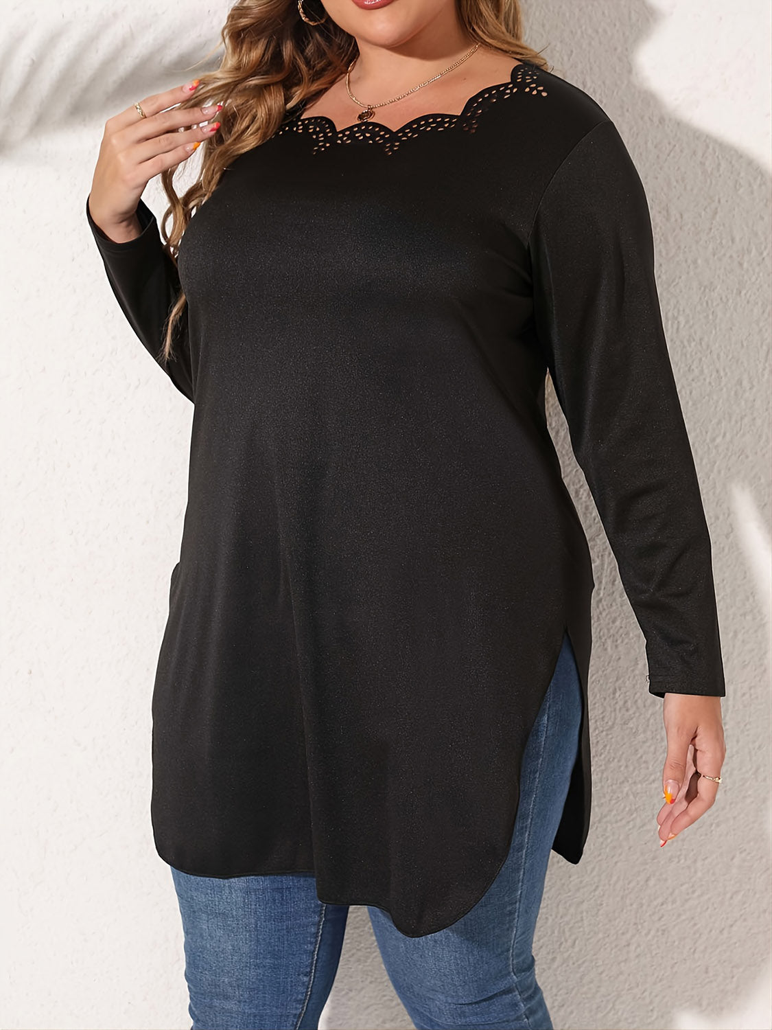 Plus Size Slit Long Sleeve T-Shirt - nailedmoms