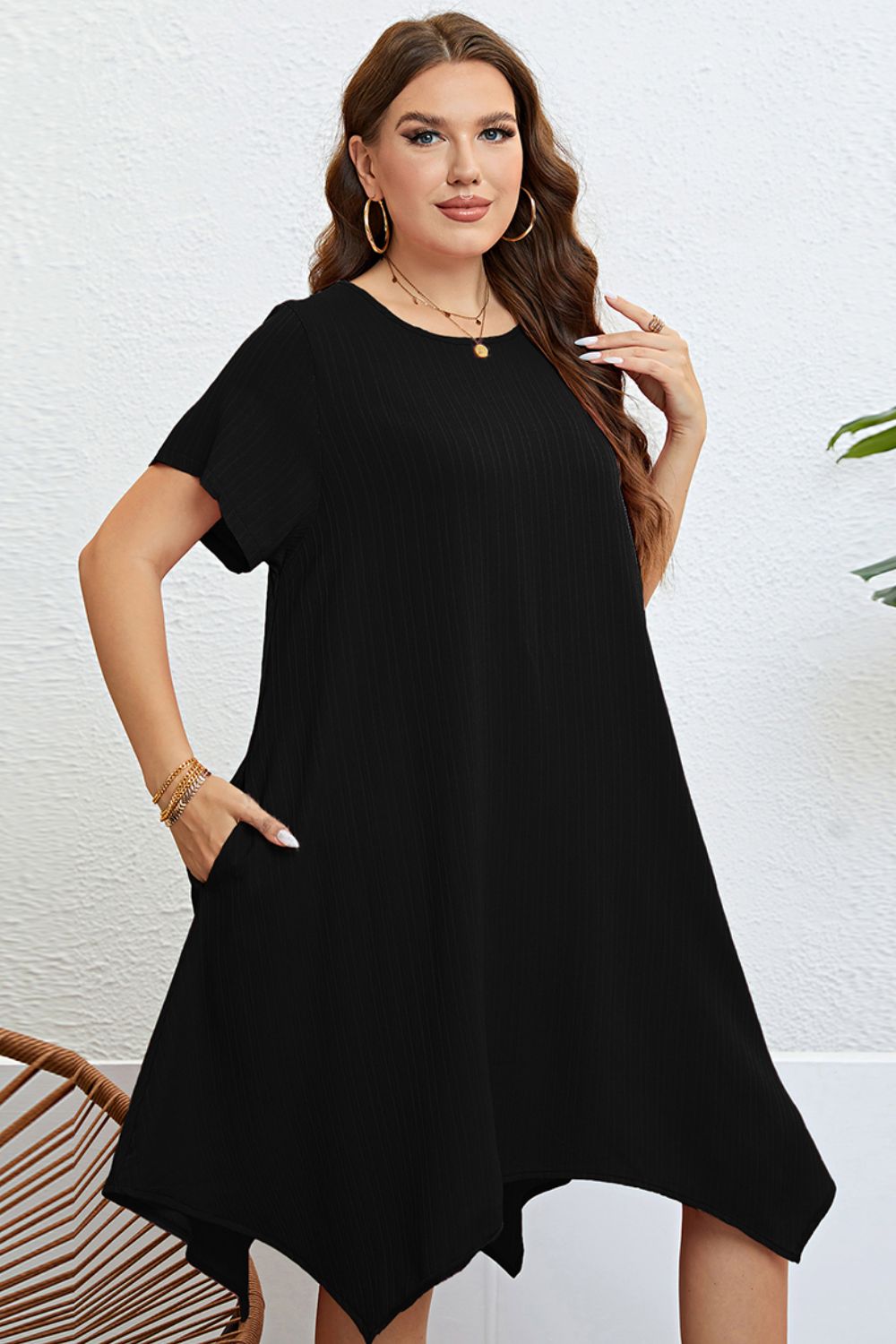 Plus Size Round Neck Handkerchief Hem Dress - nailedmoms