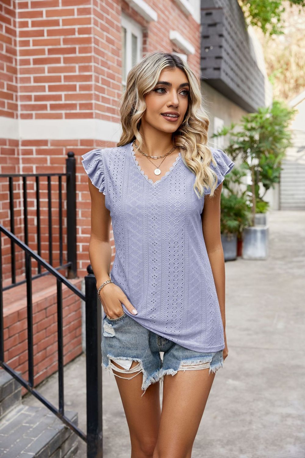 Eyelet Flutter Sleeve Scalloped V-Neck Top - nailedmoms