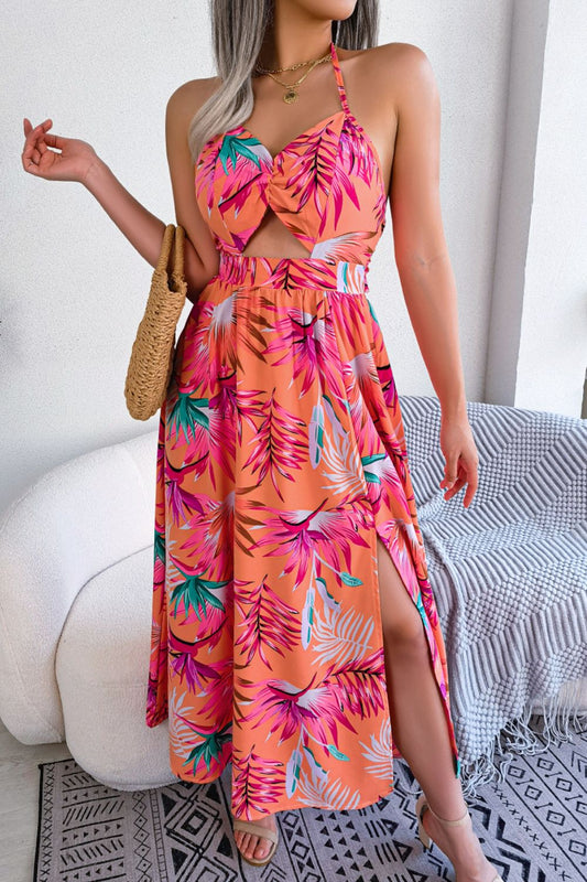 Botanical Print Tied Backless Cutout Slit Dress - nailedmoms