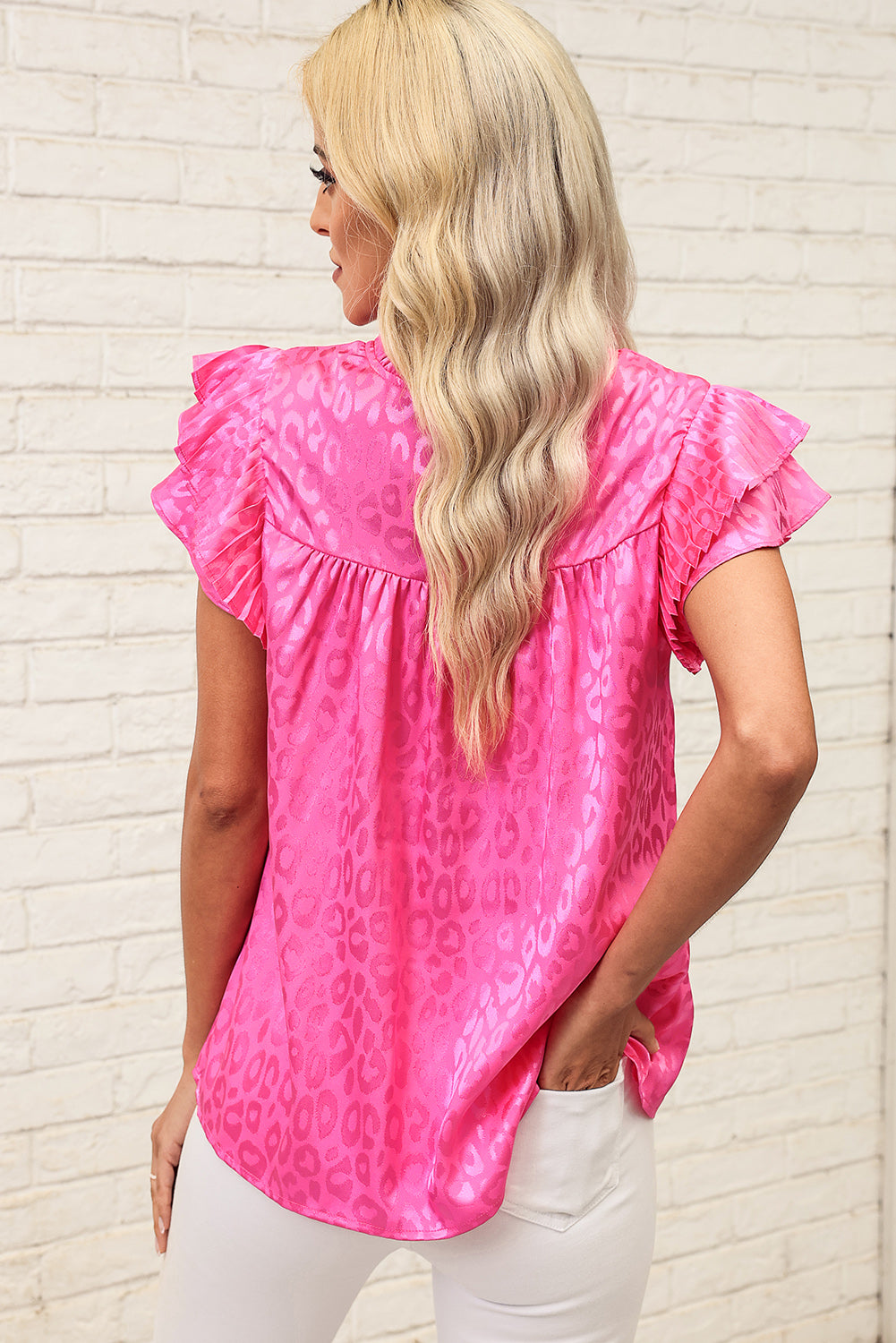 Leopard Flutter Sleeve Frill Neck Blouse - nailedmoms
