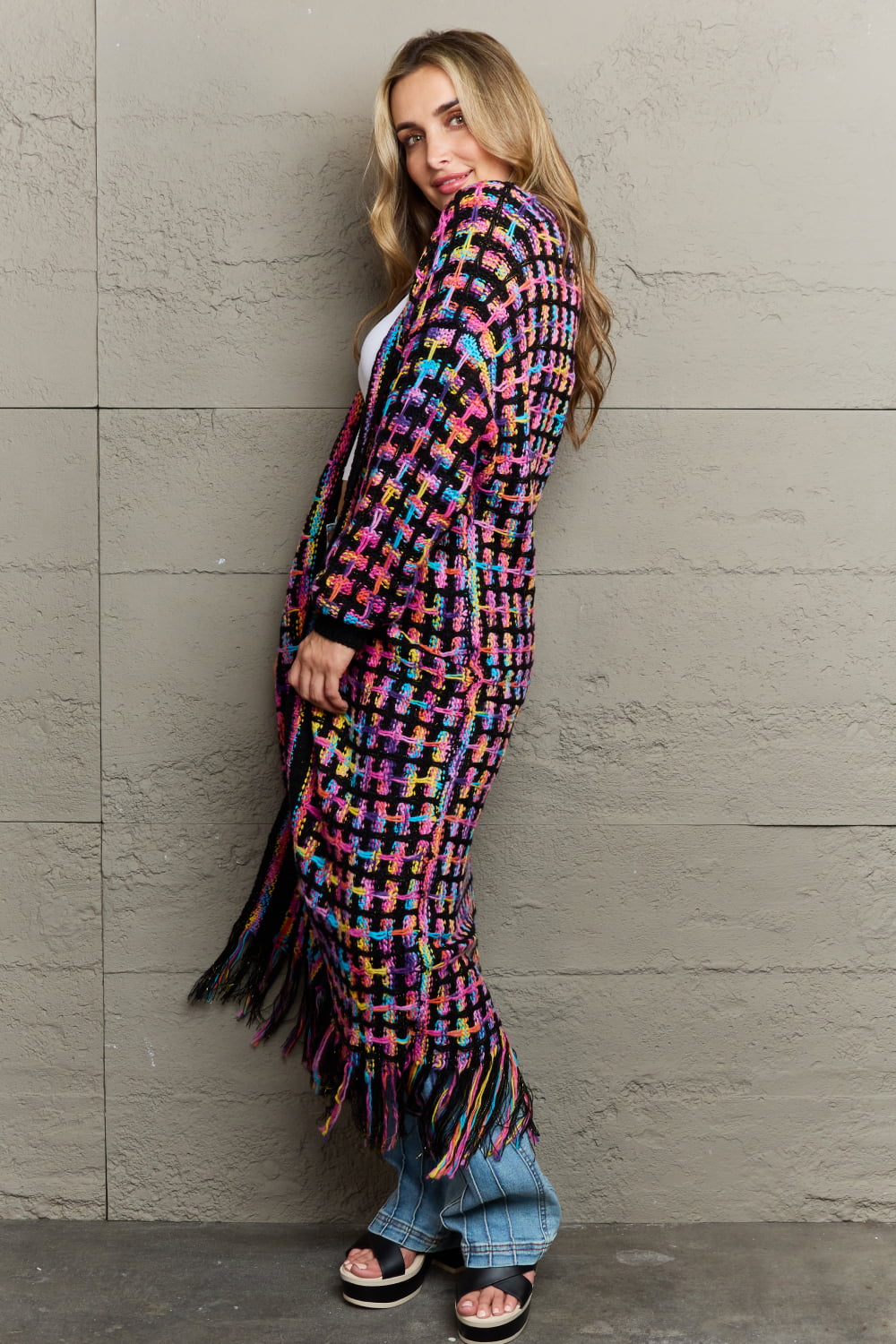 Multicolored Open Front Fringe Hem Cardigan - nailedmoms