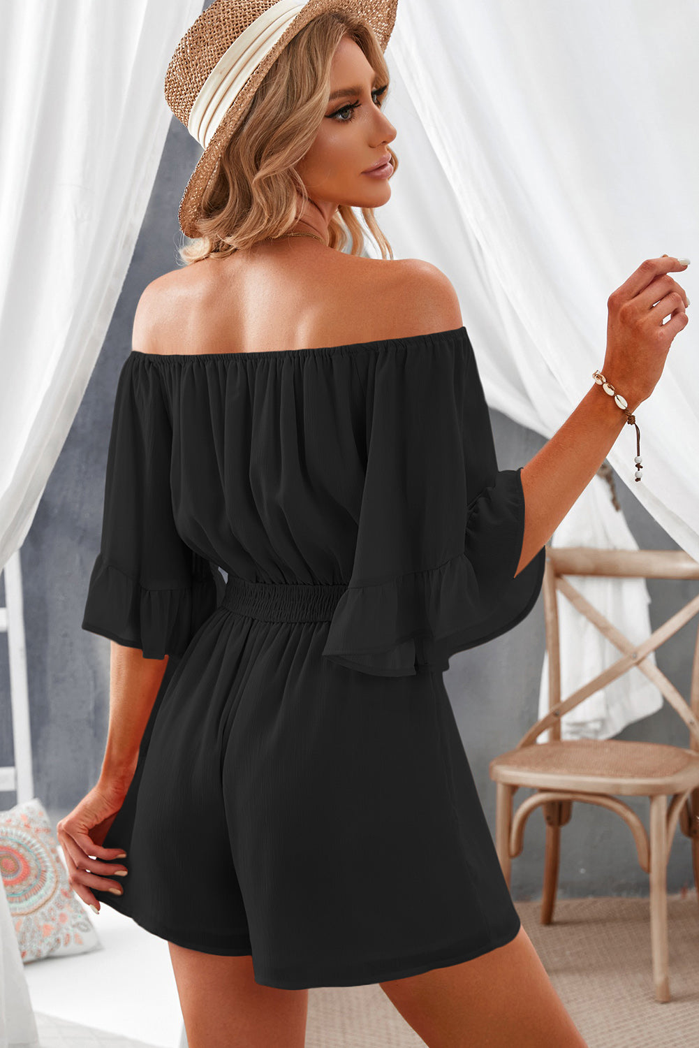 Off-Shoulder Smocked Waist Flounce Sleeve Romper - nailedmoms