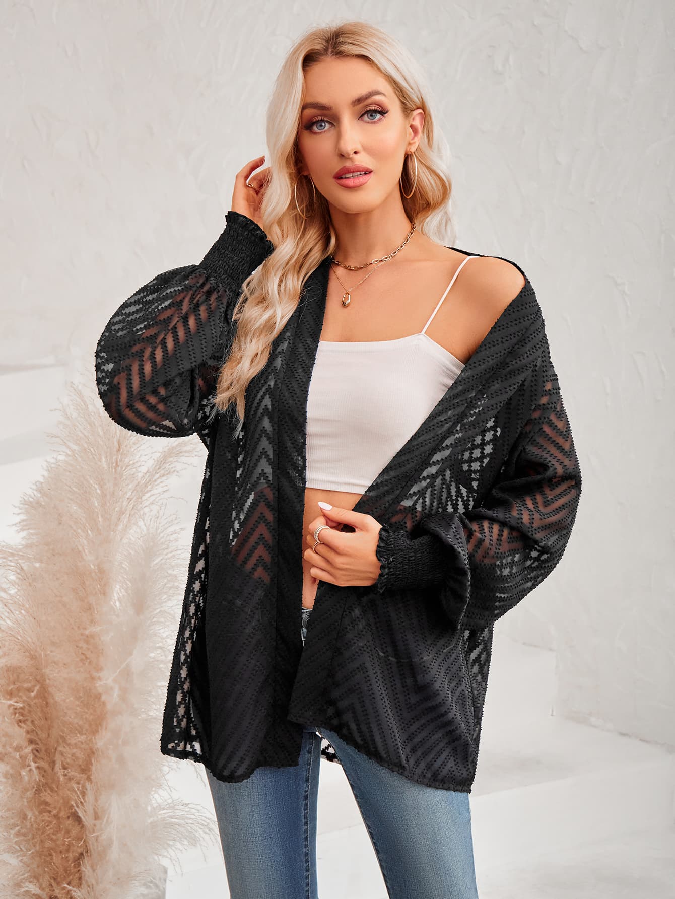 Lantern Sleeve Open Front Sheer Cardigan - nailedmoms