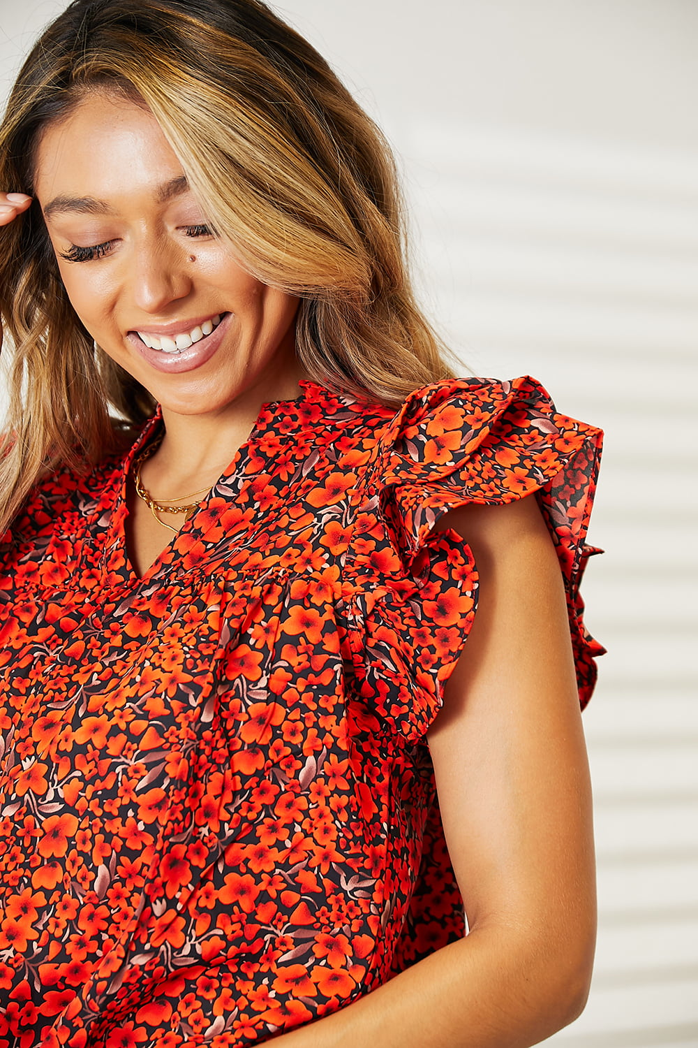 Double Take Floral Flutter Sleeve Notched Neck Blouse - nailedmoms