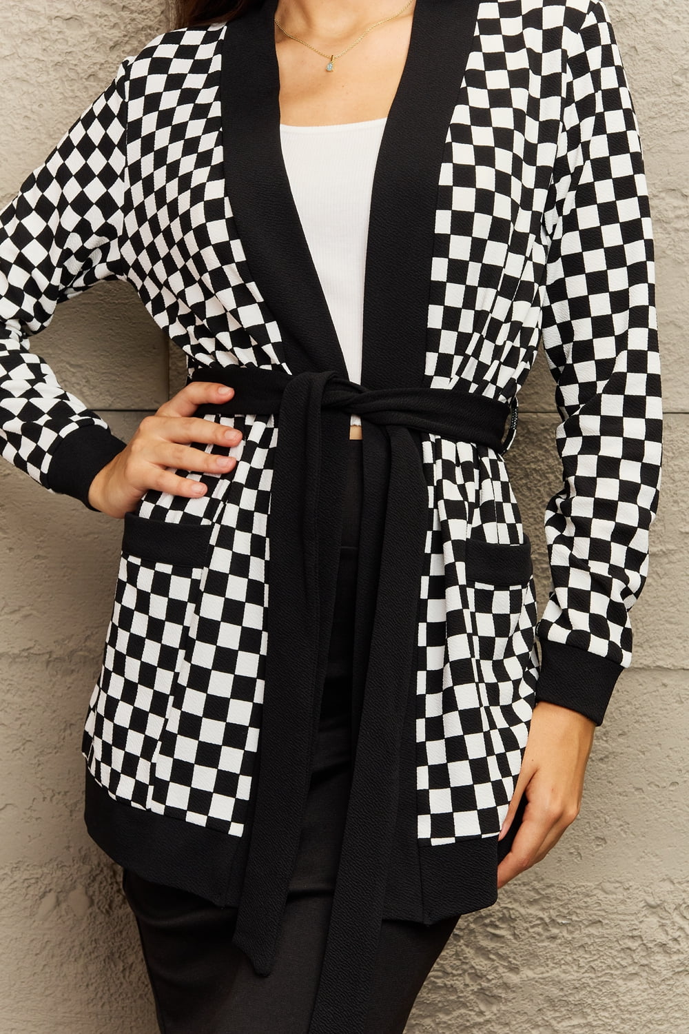 Ninexis Full Size Plaid Tie Waist Pocketed Cardigan - nailedmoms