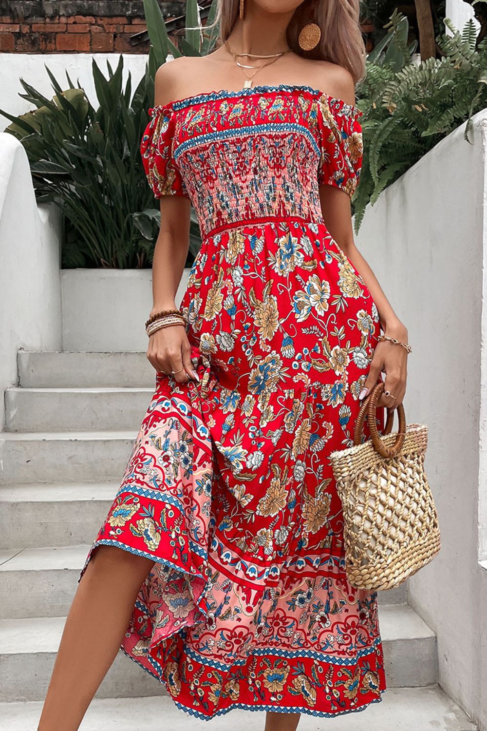 Floral Off-Shoulder Smocked Midi Dress - nailedmoms
