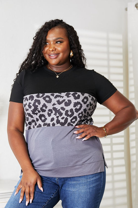 Double Take Leopard Print Color Block Short Sleeve T-Shirt - nailedmoms