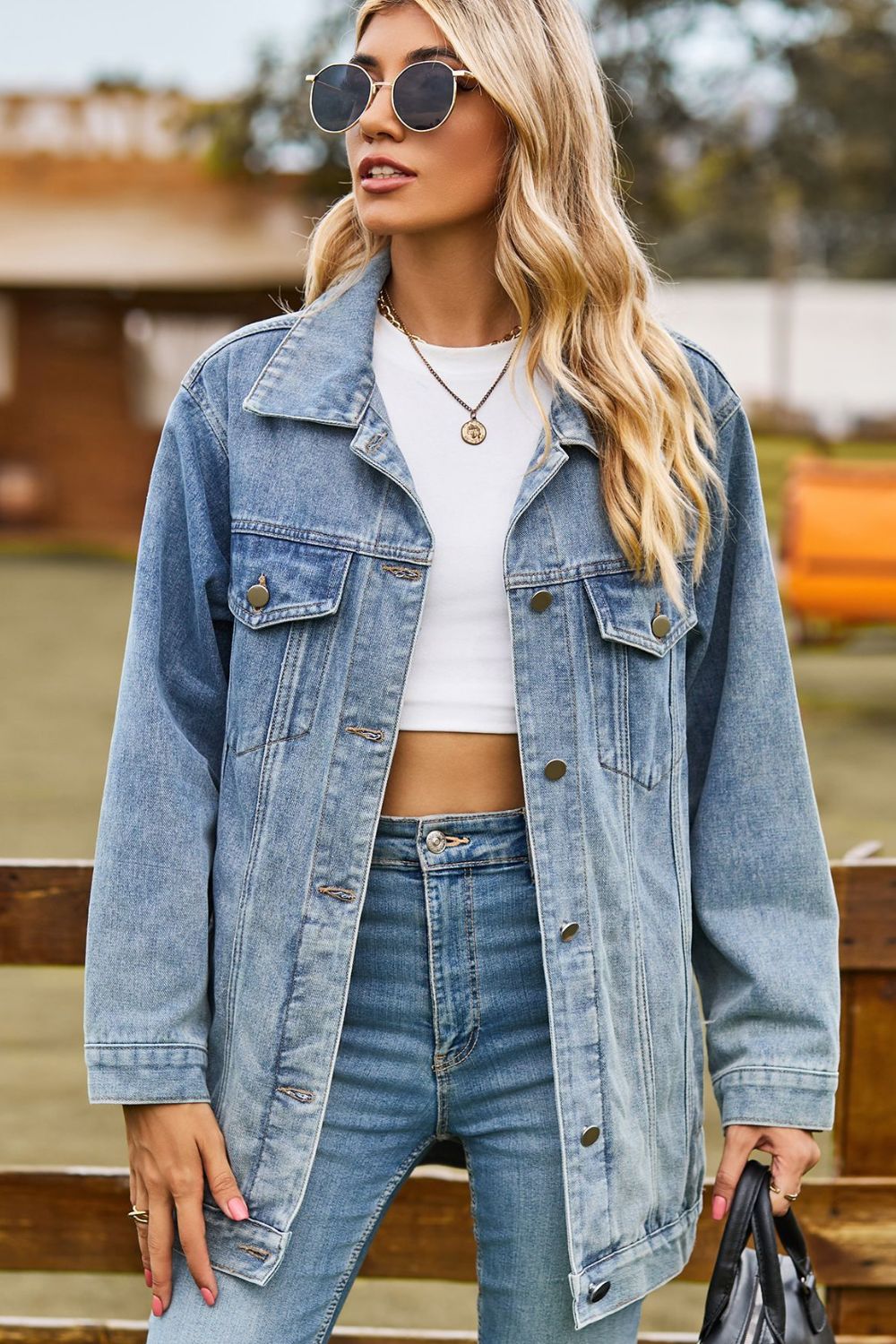 Buttoned Collared Neck Denim Jacket with Pockets - nailedmoms