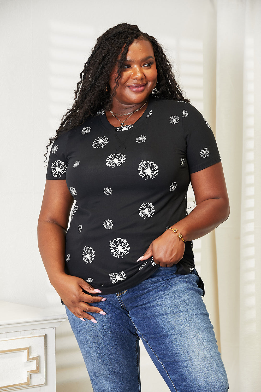 Double Take Dandelion Print Round Neck T-Shirt - nailedmoms