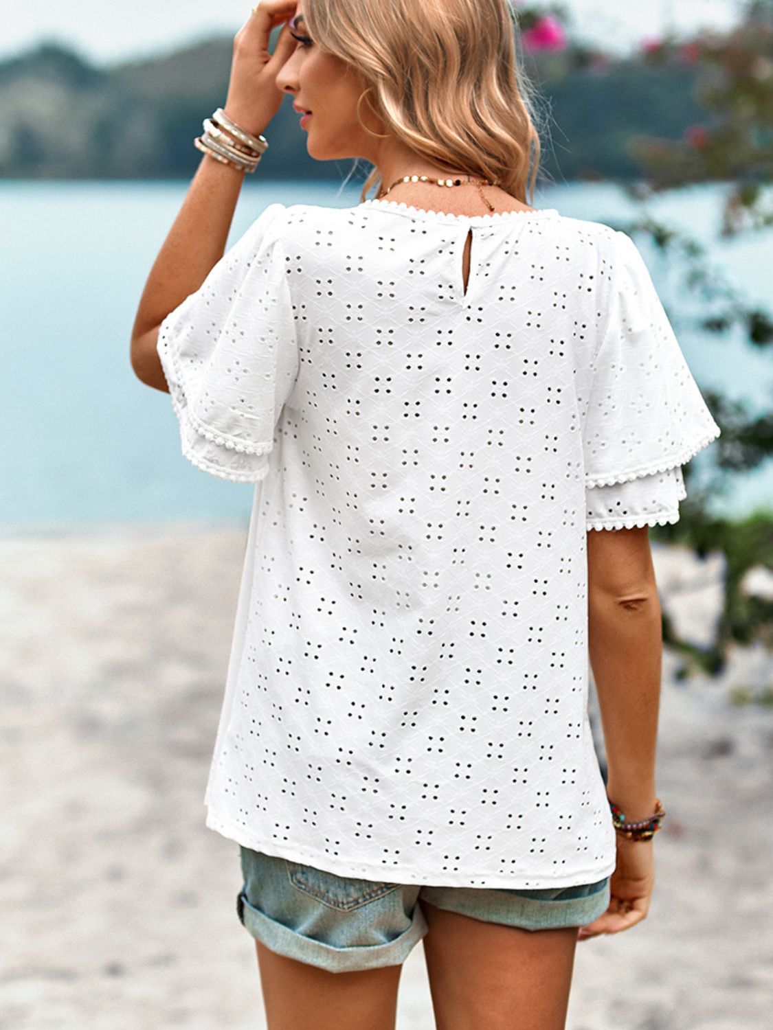 Eyelet Round Neck Puff Sleeve Blouse - nailedmoms