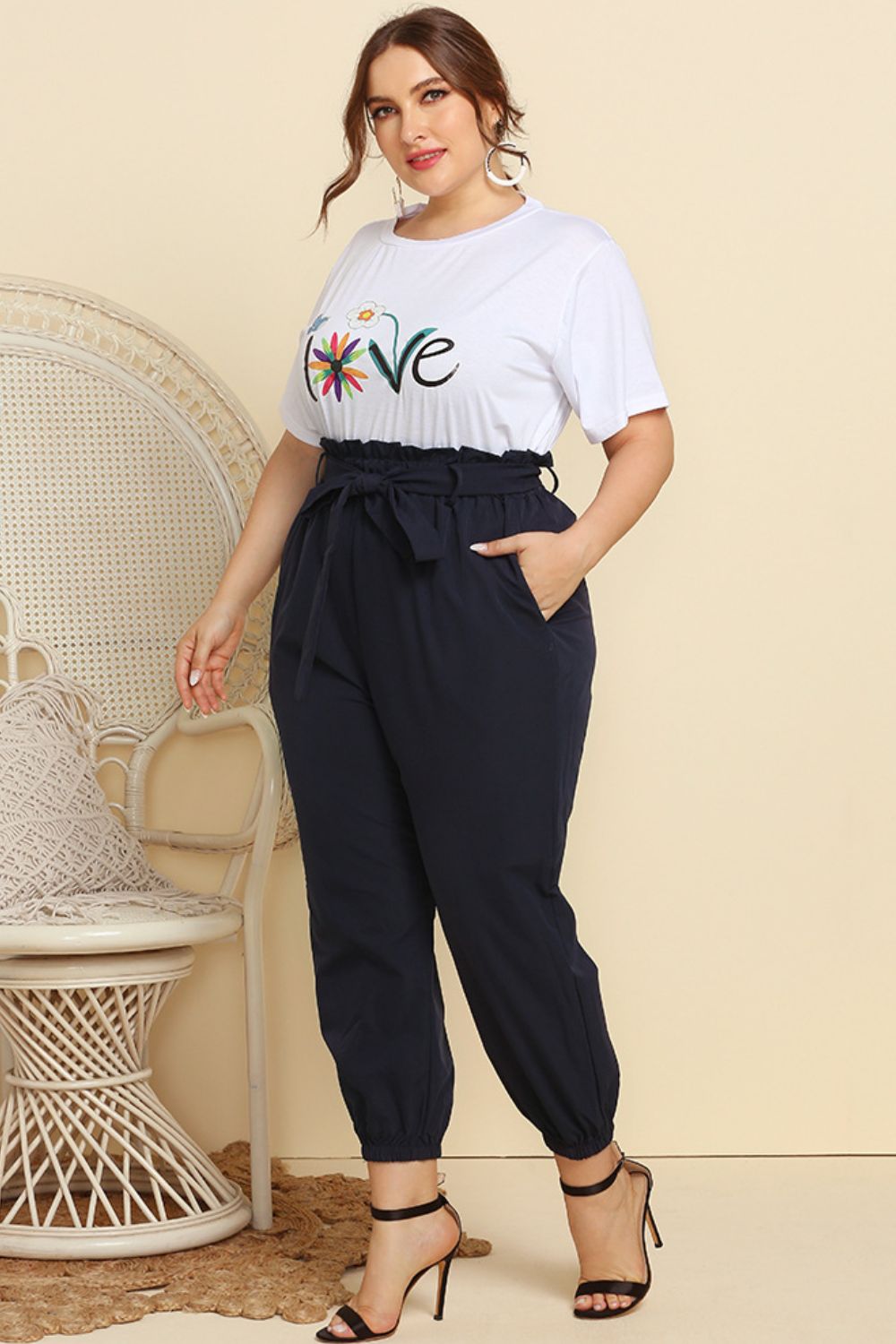 Graphic Tee and Belted Paperbag Joggers Set - nailedmoms