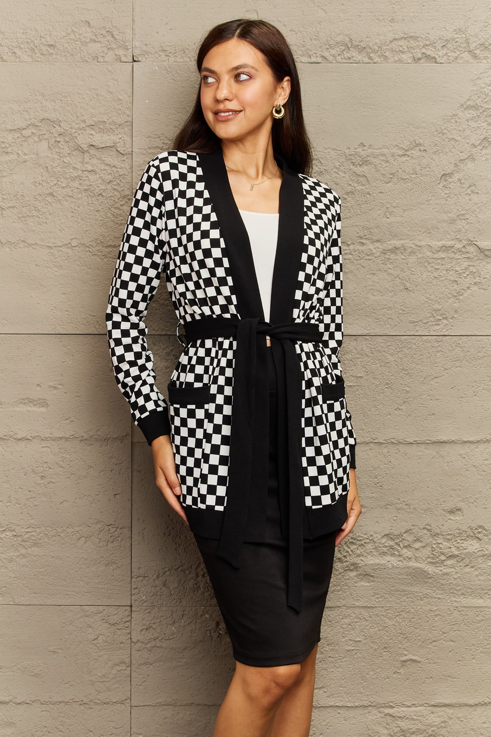 Ninexis Full Size Plaid Tie Waist Pocketed Cardigan - nailedmoms