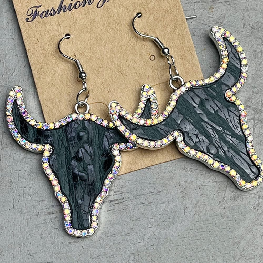 Rhinestone Trim Alloy Bull Earrings - nailedmoms
