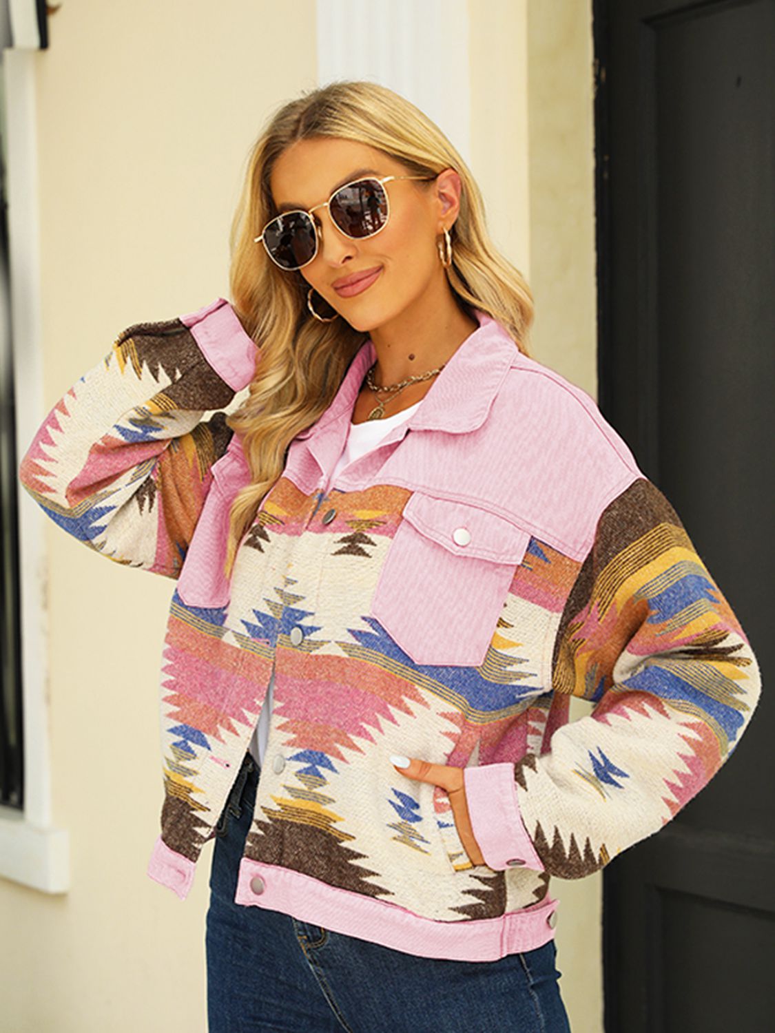 Printed Dropped Shoulder Long Sleeve Denim Jacket - nailedmoms