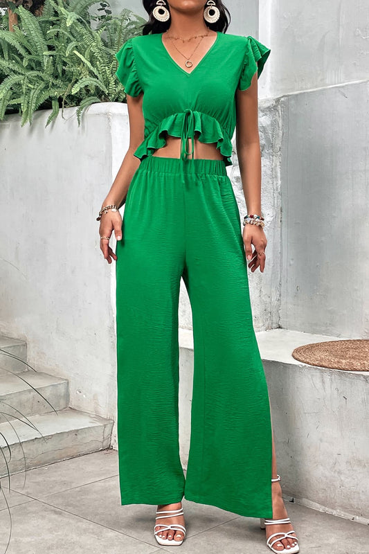 V-Neck Ruffle Hem Top and Slit Pants Set - nailedmoms
