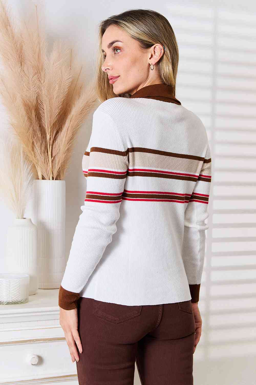 Basic Bae Striped Collared Neck Rib-Knit Top - nailedmoms