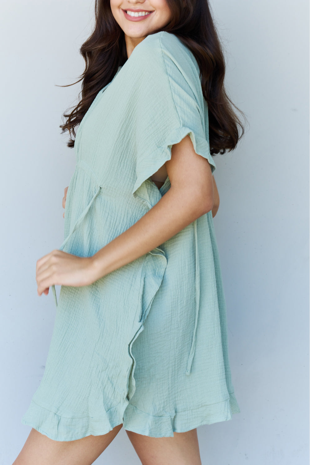 Ninexis Out Of Time Full Size Ruffle Hem Dress with Drawstring Waistband in Light Sage - nailedmoms