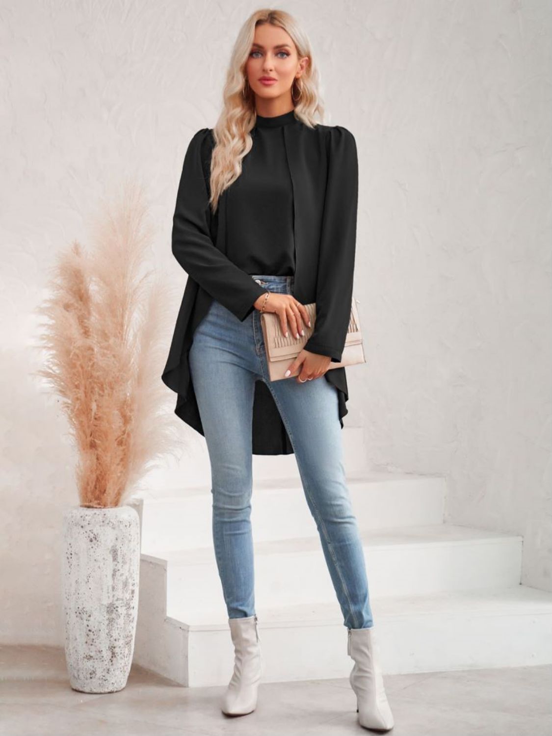 Long Puff Sleeve High-Low Blouse - nailedmoms