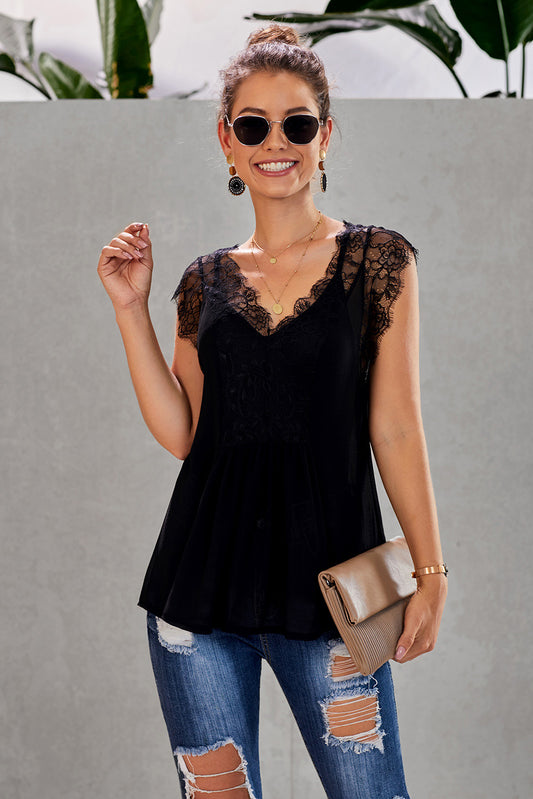 Eyelash Trim Spliced Lace V-Neck Tank - nailedmoms