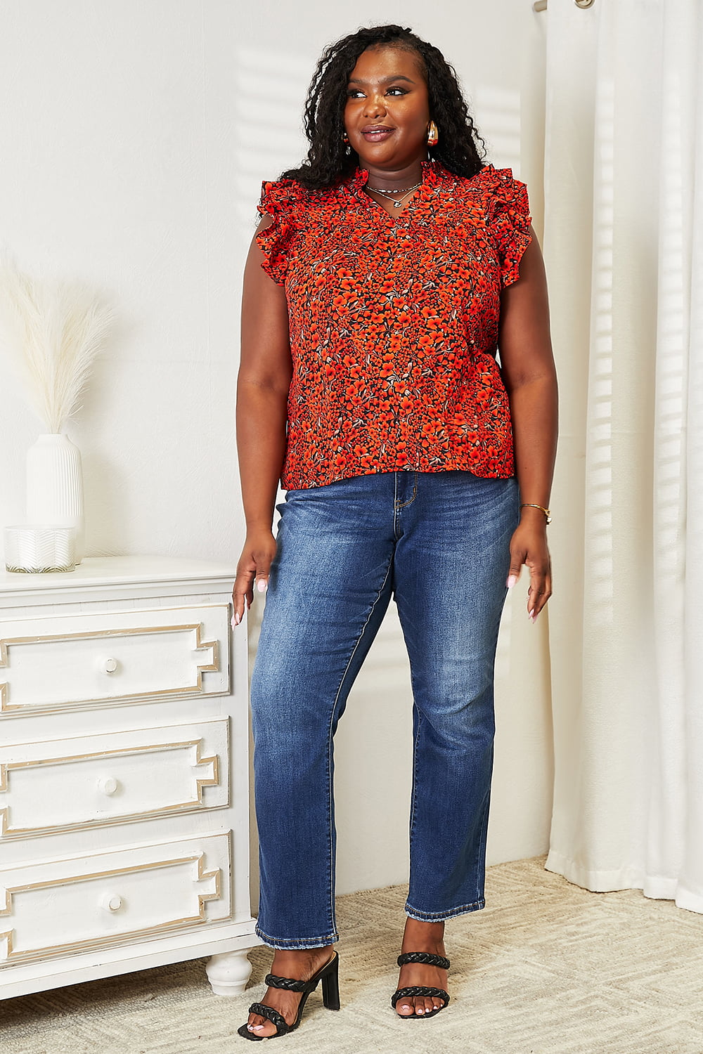 Double Take Floral Flutter Sleeve Notched Neck Blouse - nailedmoms