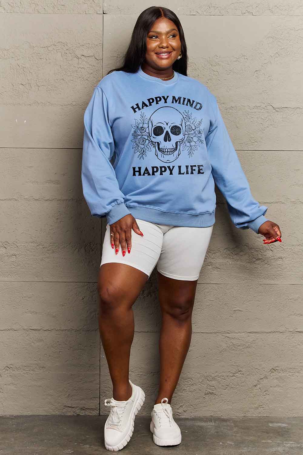 Simply Love Simply Love Full Size HAPPY MIND HAPPY LIFE SKULL Graphic Sweatshirt - nailedmoms