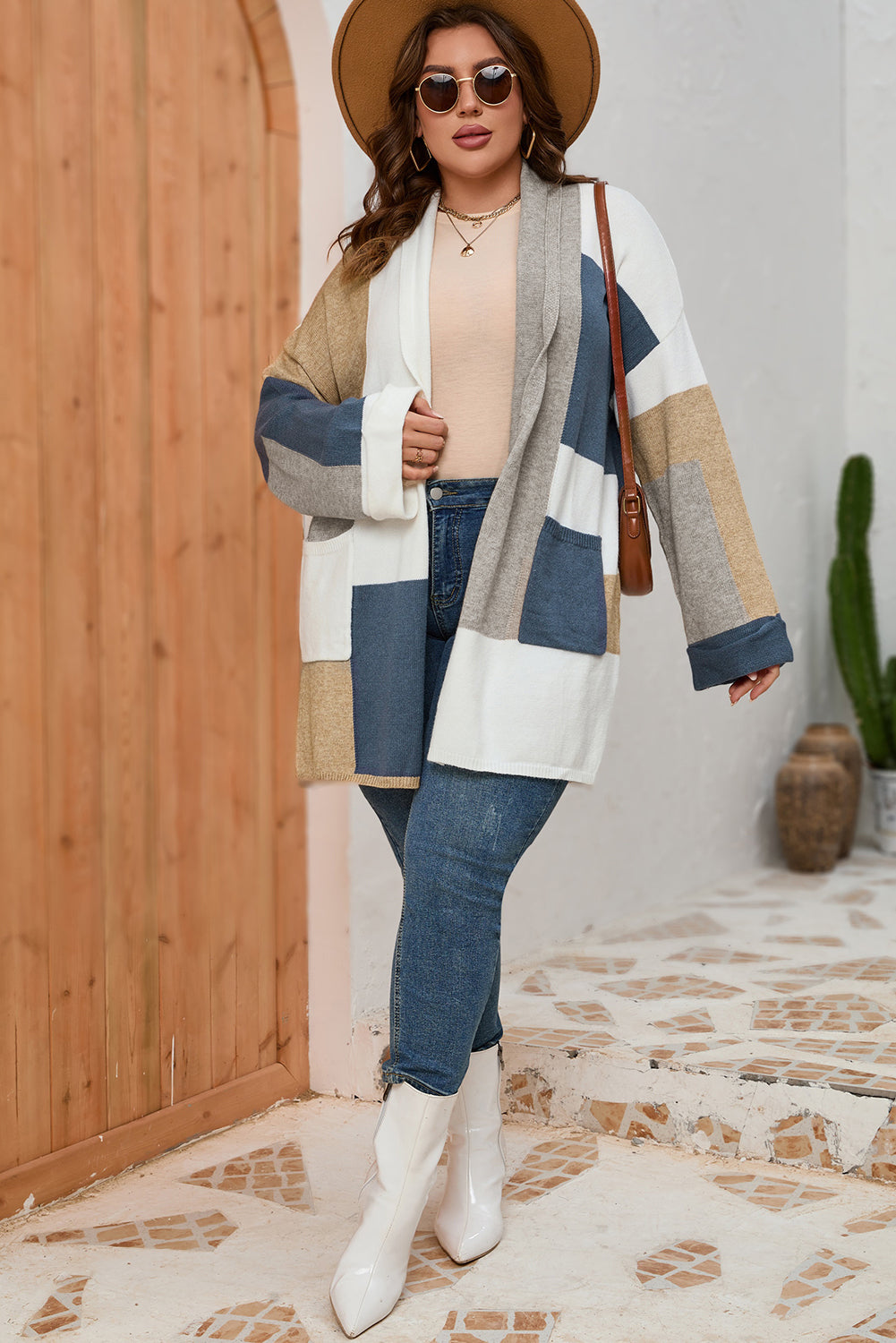 Plus Size Color Block Long Sleeve Cardigan - nailedmoms