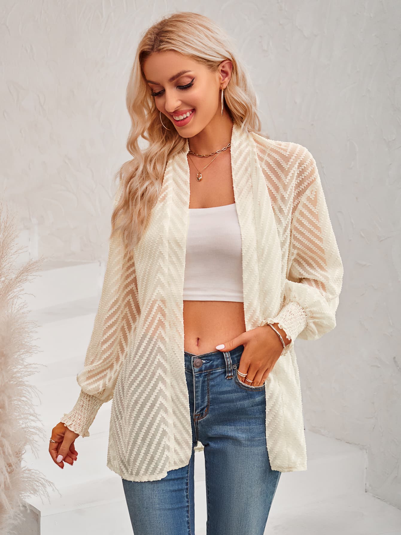 Lantern Sleeve Open Front Sheer Cardigan - nailedmoms