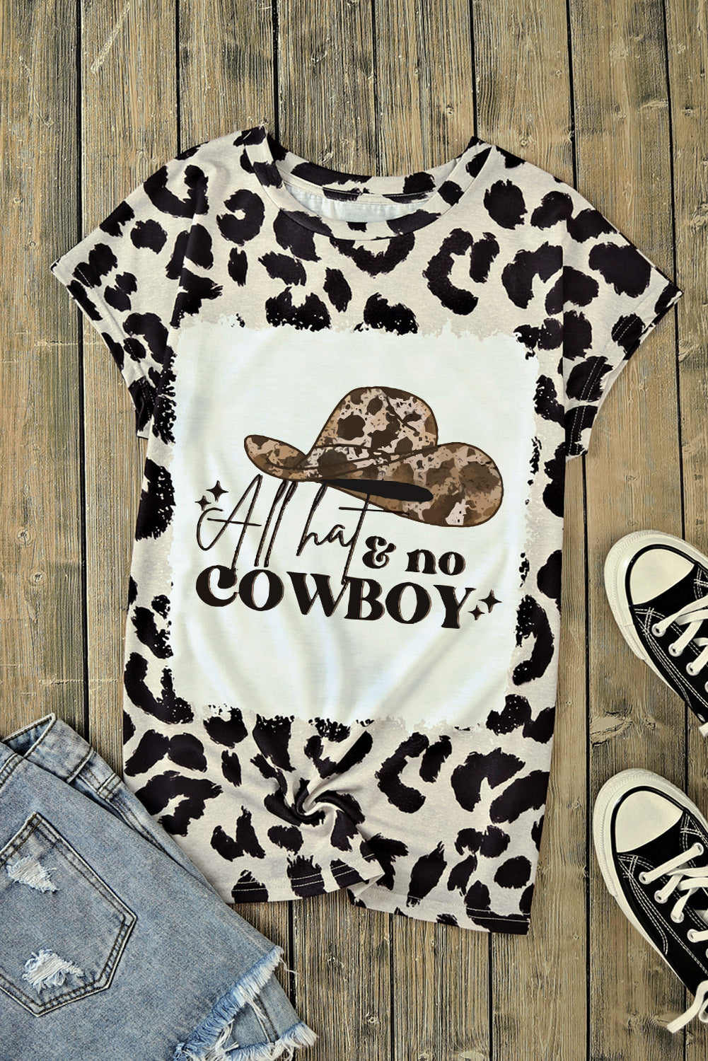Round Neck Short Sleeve Printed ALL HATS NO COWBOY Graphic Tee - nailedmoms