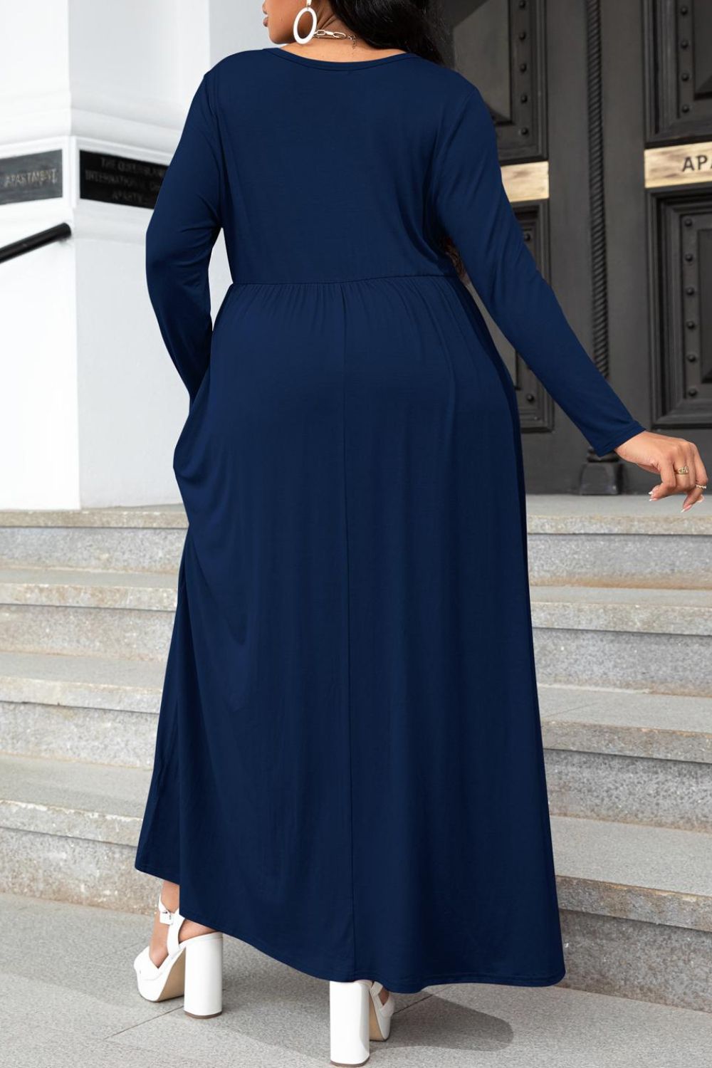 Plus Size Round Neck Long Sleeve Maxi Dress with Pockets - nailedmoms