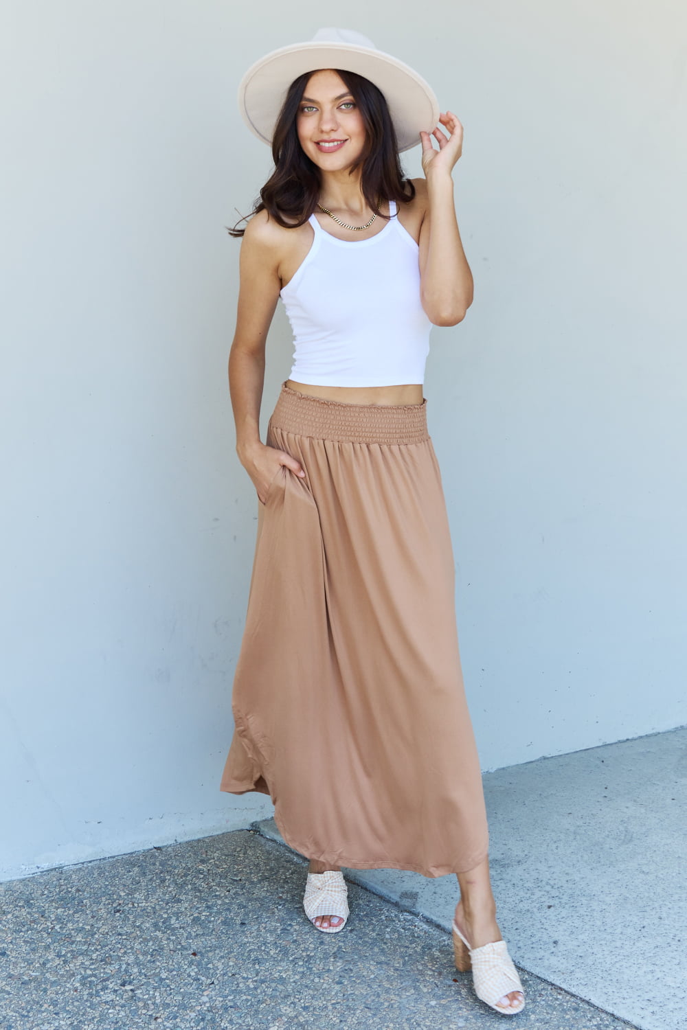 Doublju Comfort Princess Full Size High Waist Scoop Hem Maxi Skirt in Tan - nailedmoms