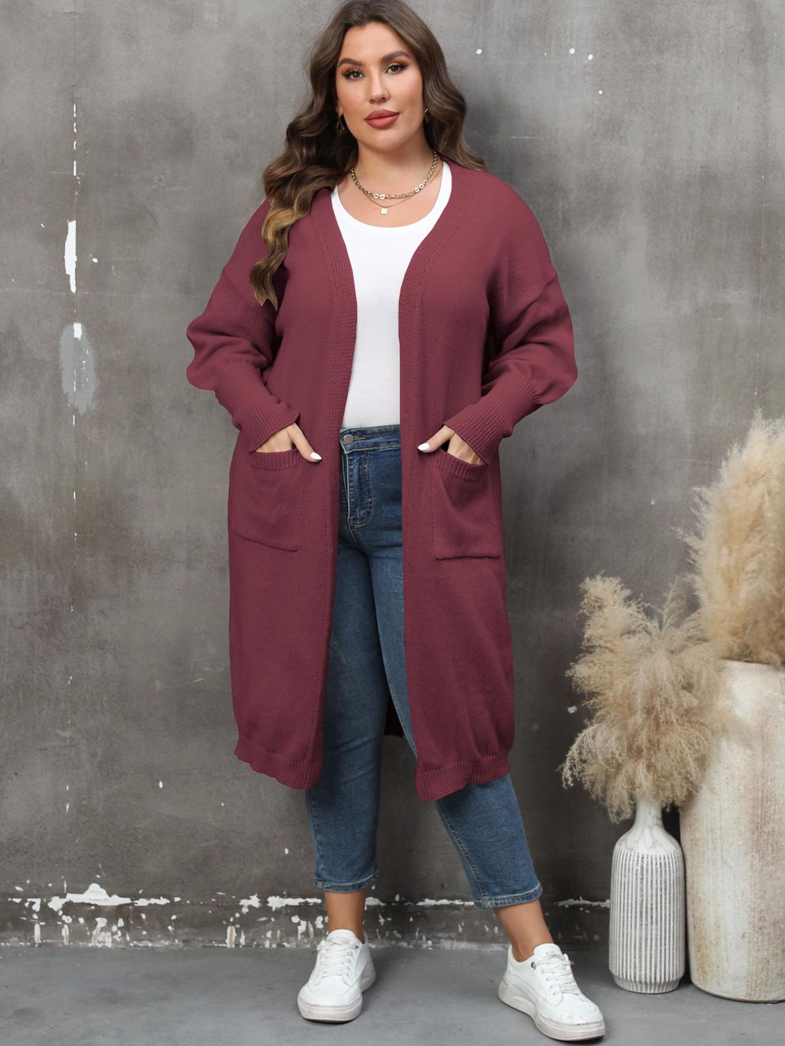 Plus Size Long Sleeve Pocketed Cardigan - nailedmoms