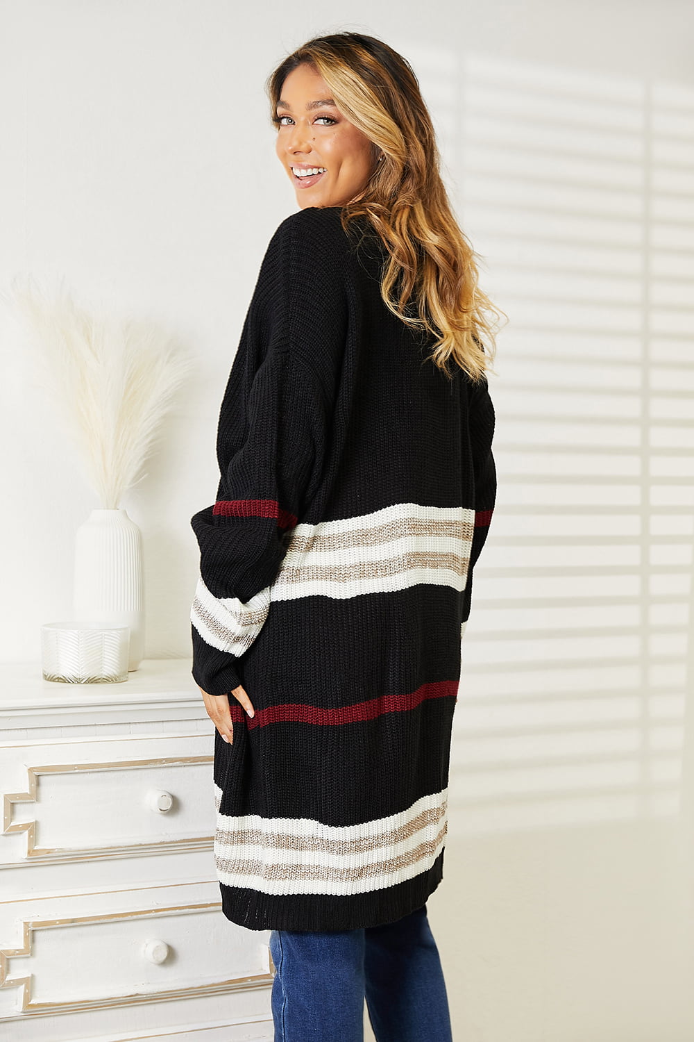 Double Take Striped Rib-Knit Drop Shoulder Open Front Cardigan - nailedmoms