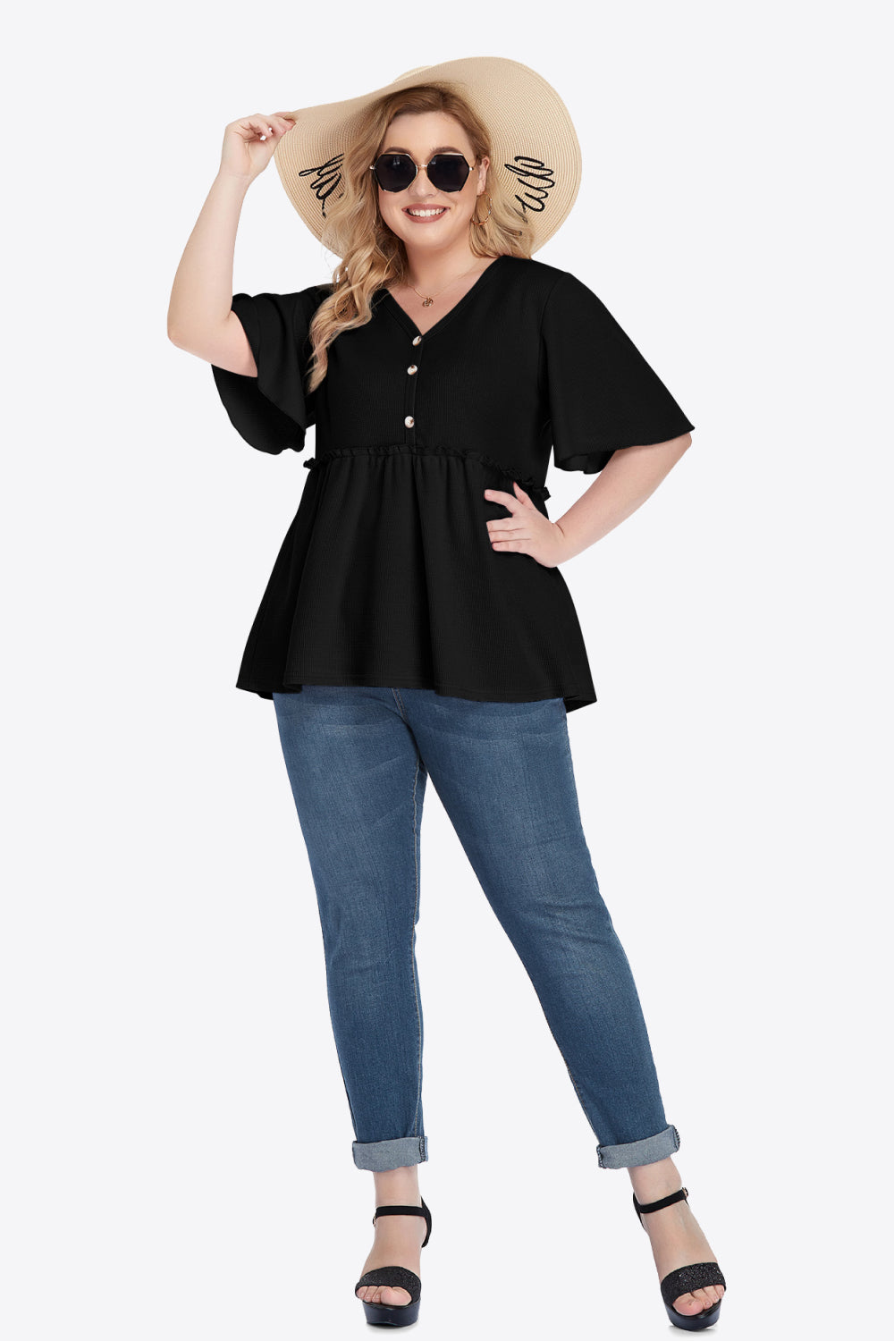 Plus Size Buttoned V-Neck Frill Trim Babydoll Blouse - nailedmoms