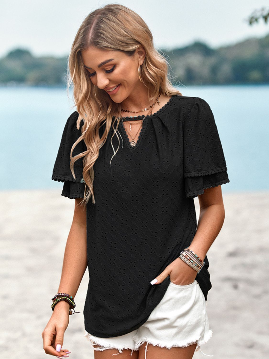 Eyelet Round Neck Puff Sleeve Blouse - nailedmoms