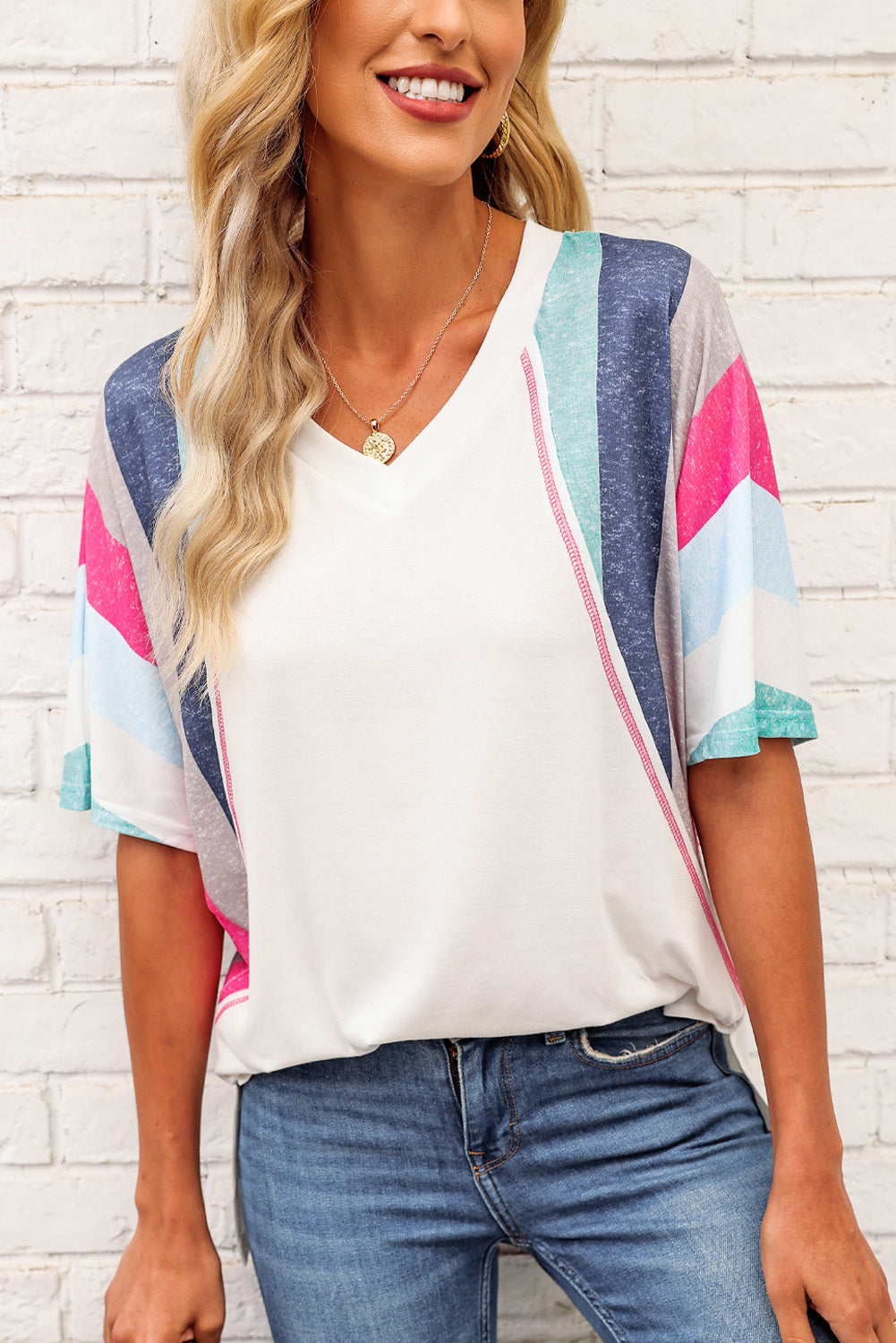 Rainbow Stripe Slit V-Neck Tee - nailedmoms