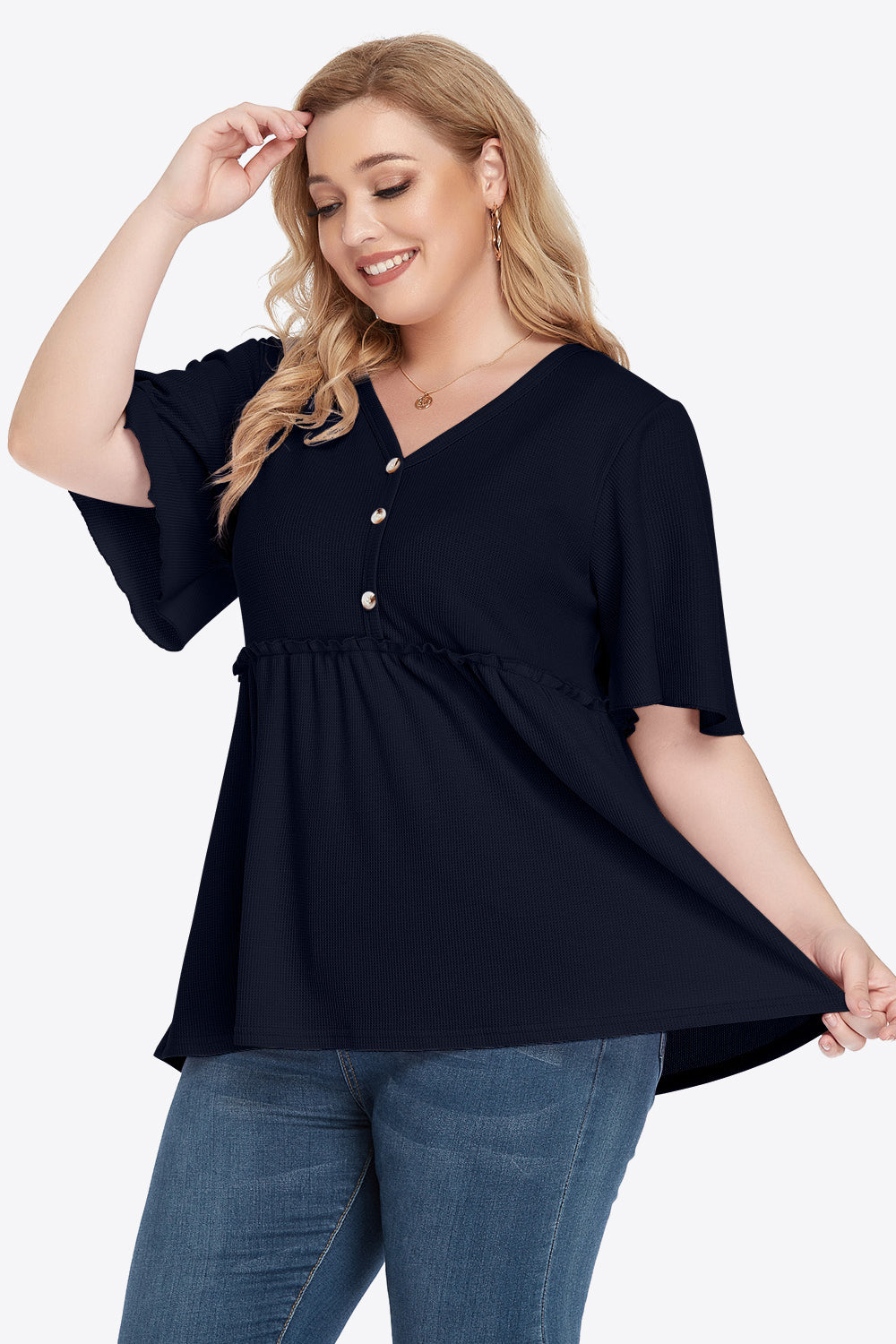 Plus Size Buttoned V-Neck Frill Trim Babydoll Blouse - nailedmoms