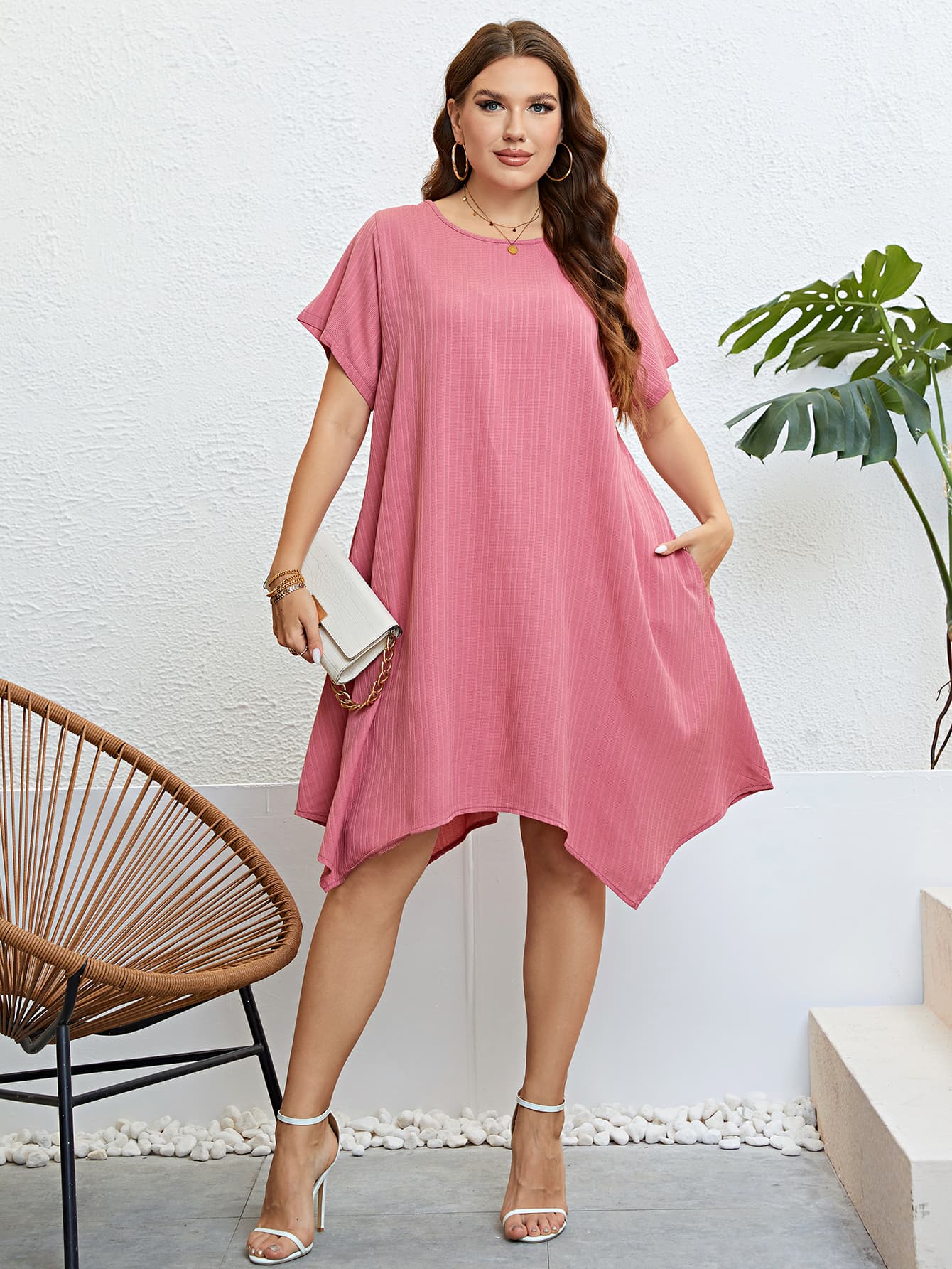 Plus Size Round Neck Handkerchief Hem Dress - nailedmoms