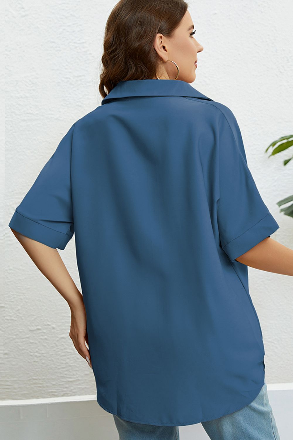 Plus Size Collared Half Sleeve Hem Detail Top - nailedmoms